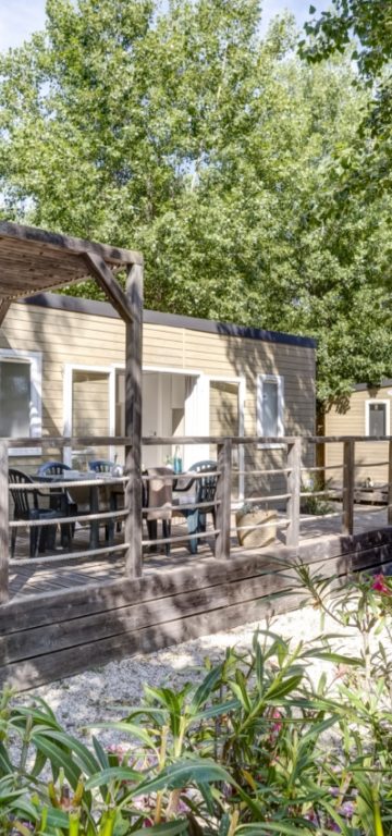 Camping Californie Plage -  Les hébergements - vue extérieure d\'un mobil-home entouré de végétation